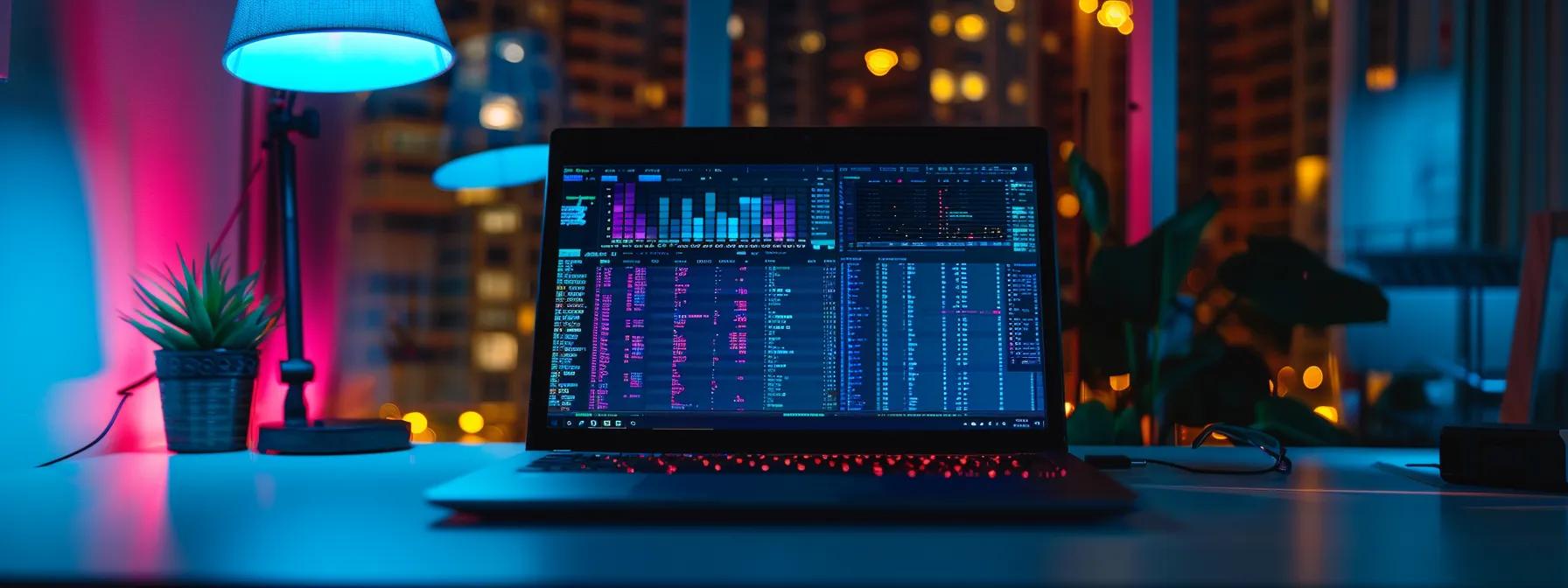 a sleek laptop sits on a modern desk, displaying a vibrant screen filled with colorful keyword tags and seo metrics, illuminated by soft natural light, symbolizing the power of ai-driven keyword research in enhancing digital visibility.