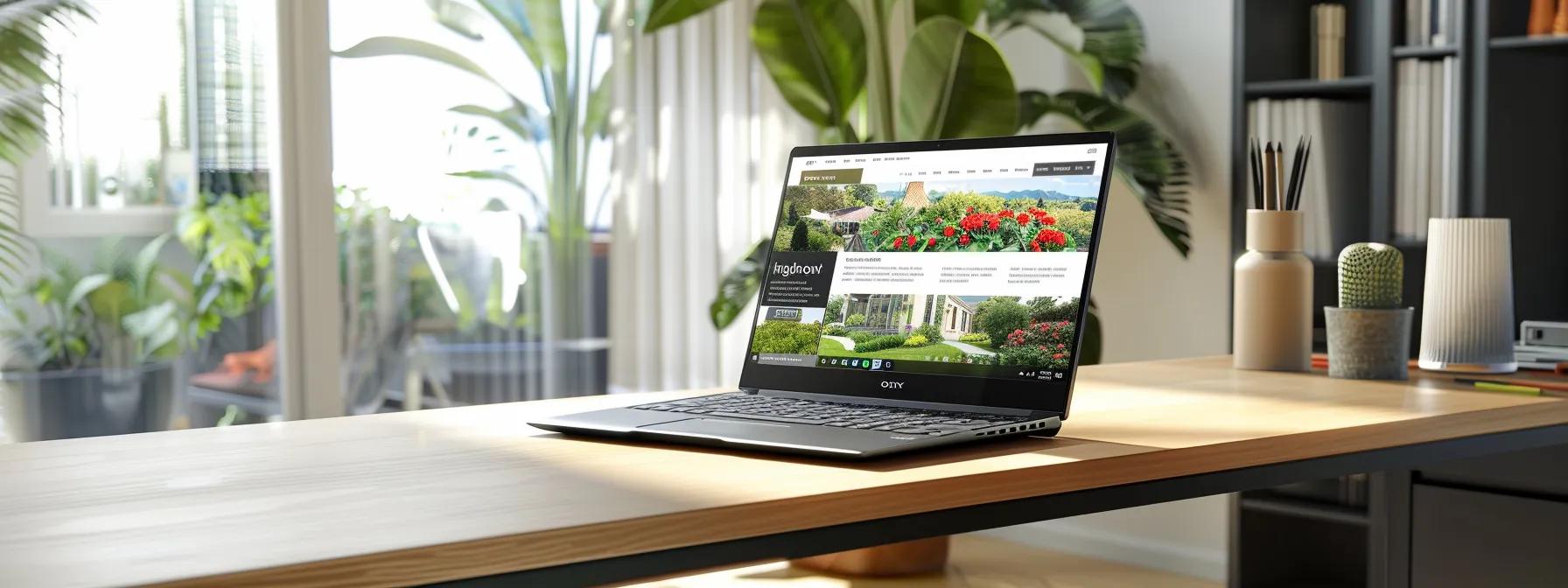 a sleek, modern laptop sits on a polished wooden desk, displaying a vibrant, organized website featuring optimized real estate urls, with natural light streaming through a nearby window, highlighting the clean interface and keyword-focused design.