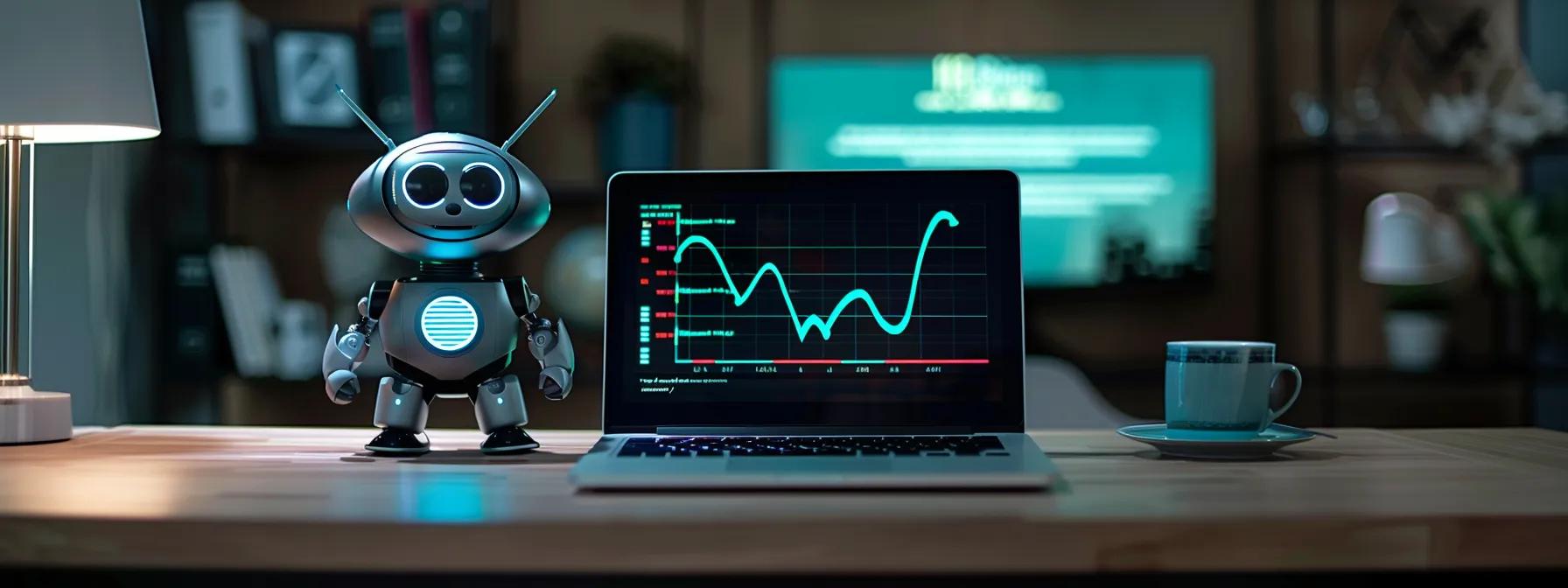 a sleek, modern office desk is adorned with an open laptop displaying a vibrant, informative graph, while a faint image of a digital robot icon hovers in the background, symbolizing the strategic use of a robots.txt file to optimize seo and manage web visibility.