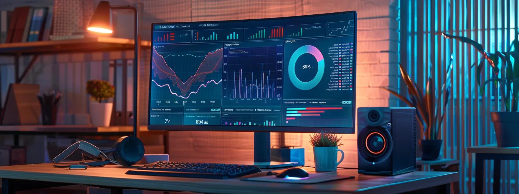 a sleek, modern workspace features a high-resolution monitor displaying vibrant graphs and metrics, symbolizing the dynamic analysis of real estate url performance under soft diffused lighting.