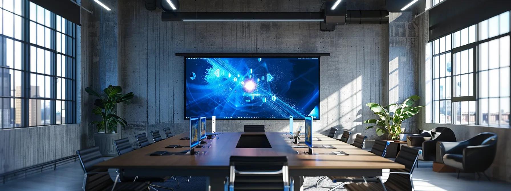 a sleek, modern workspace filled with vibrant team collaboration, featuring a large projection screen displaying a well-structured url guideline, emphasizing clarity and consistency in digital content management.