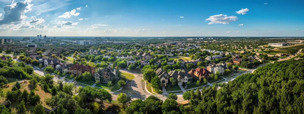 a vibrant, aerial view of a sprawling real estate development, showcasing meticulously planned neighborhoods with lush greenery and modern architecture under a bright blue sky.