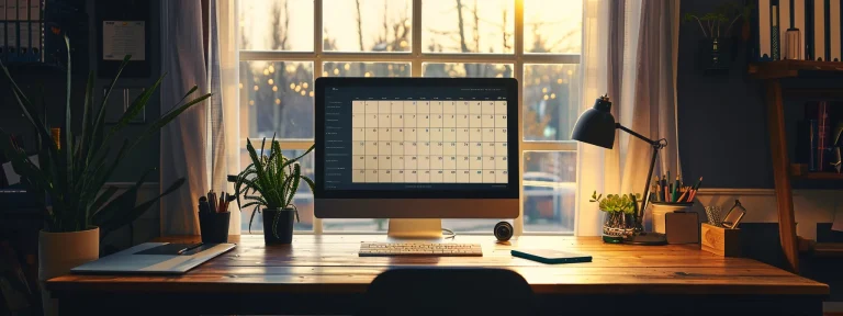 a vibrant and organized workspace features a neatly arranged seo content calendar, illuminated by warm natural light, emphasizing a sense of clarity and productivity.