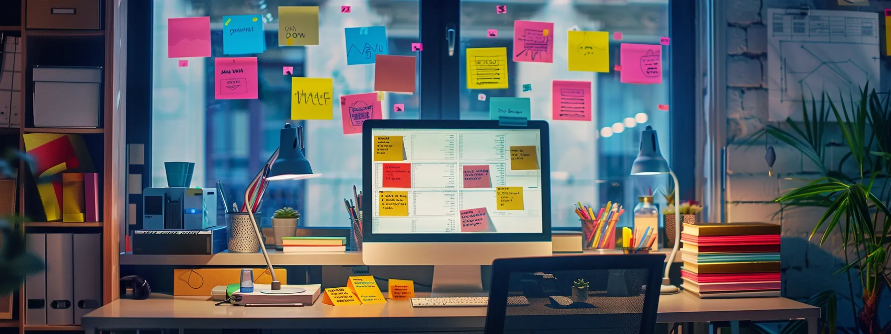 a vibrant, organized workspace filled with colorful post-it notes and charts, illuminated by natural light, symbolizes the dynamic and collaborative nature of an effective seo content calendar management strategy.