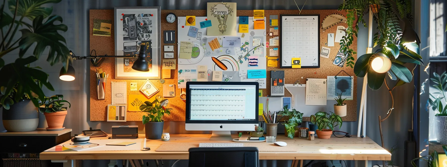 a vibrant, organized workspace showcases an intricately designed seo content calendar, featuring clearly defined themes and categories, immersed in warm natural light that highlights a blend of digital tools and creative materials.