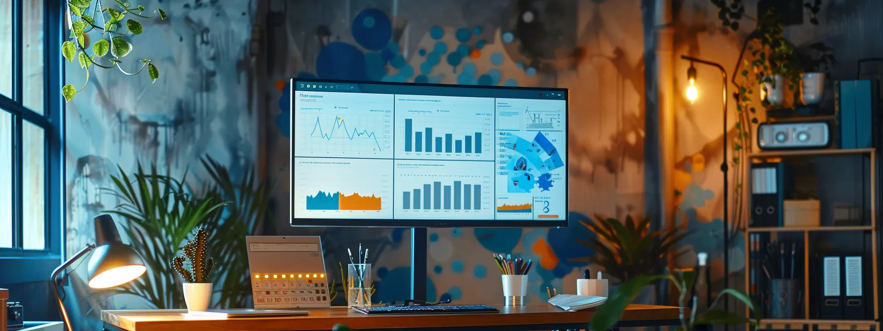 a vibrant workspace featuring a meticulously organized seo content calendar displayed on a large screen, surrounded by colorful charts and analytics, emphasizing the theme of strategic content planning and audience engagement.