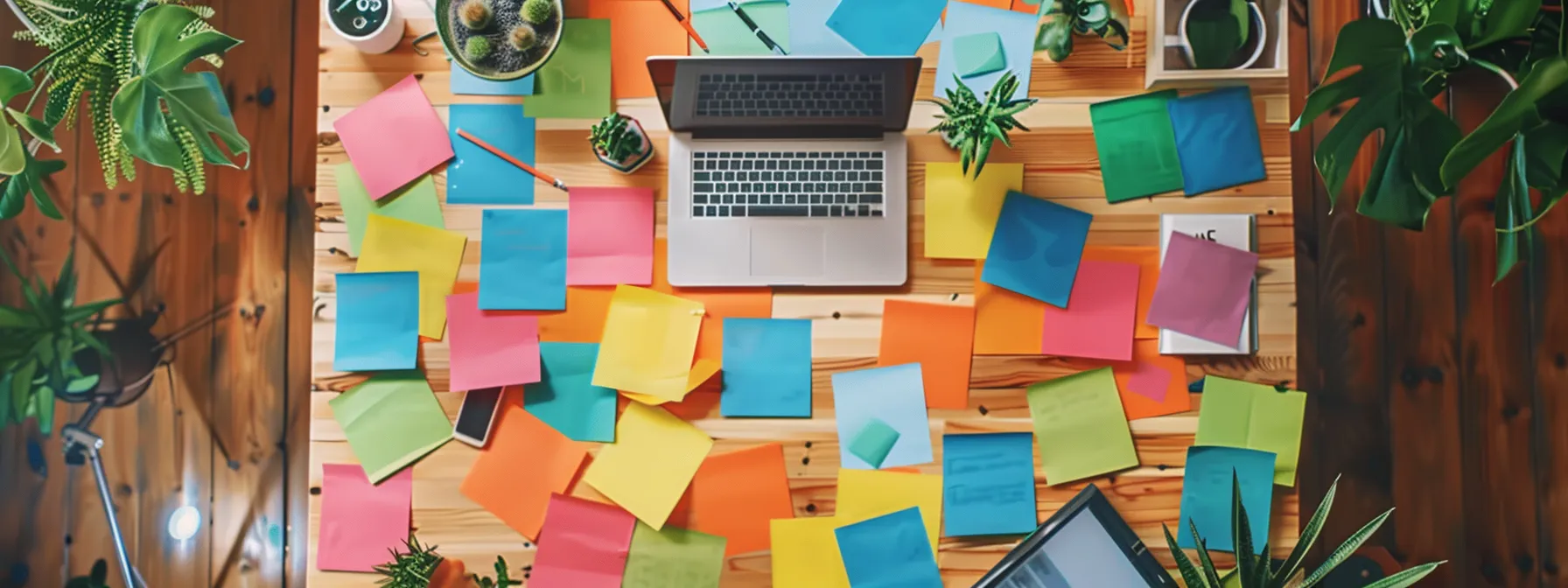 a vibrant workspace filled with colorful post-it notes, digital devices, and brainstorming materials, illustrating the dynamic process of crafting an seo content calendar.