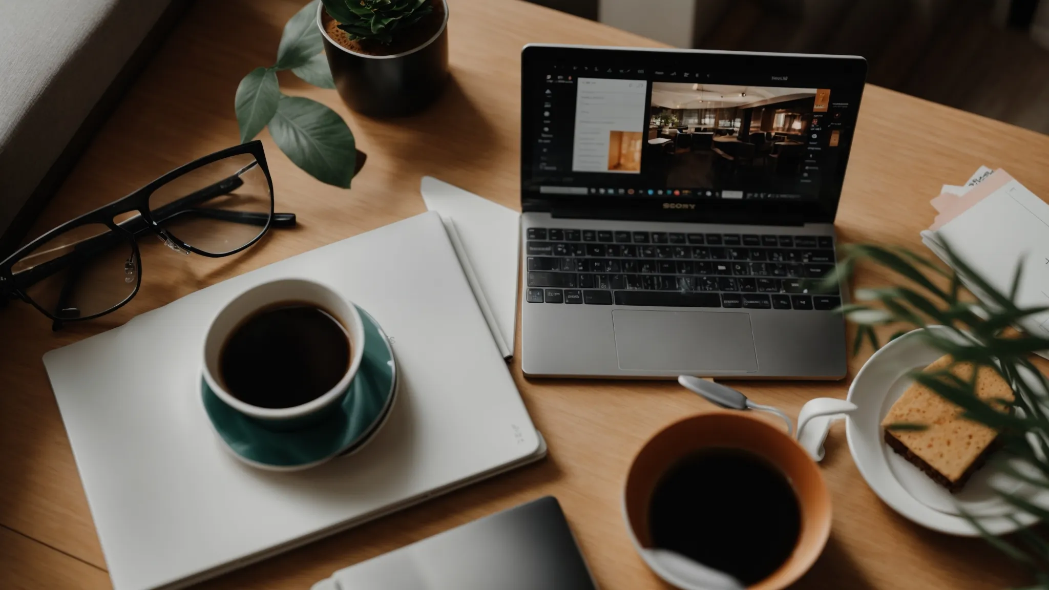 a captivating overhead shot of a modern desk adorned with a sleek laptop, a vibrant notepad filled with brainstorming ideas, and a steaming cup of coffee, all bathed in warm, inviting natural light, symbolizing the creative process of generating engaging real estate blog topics.