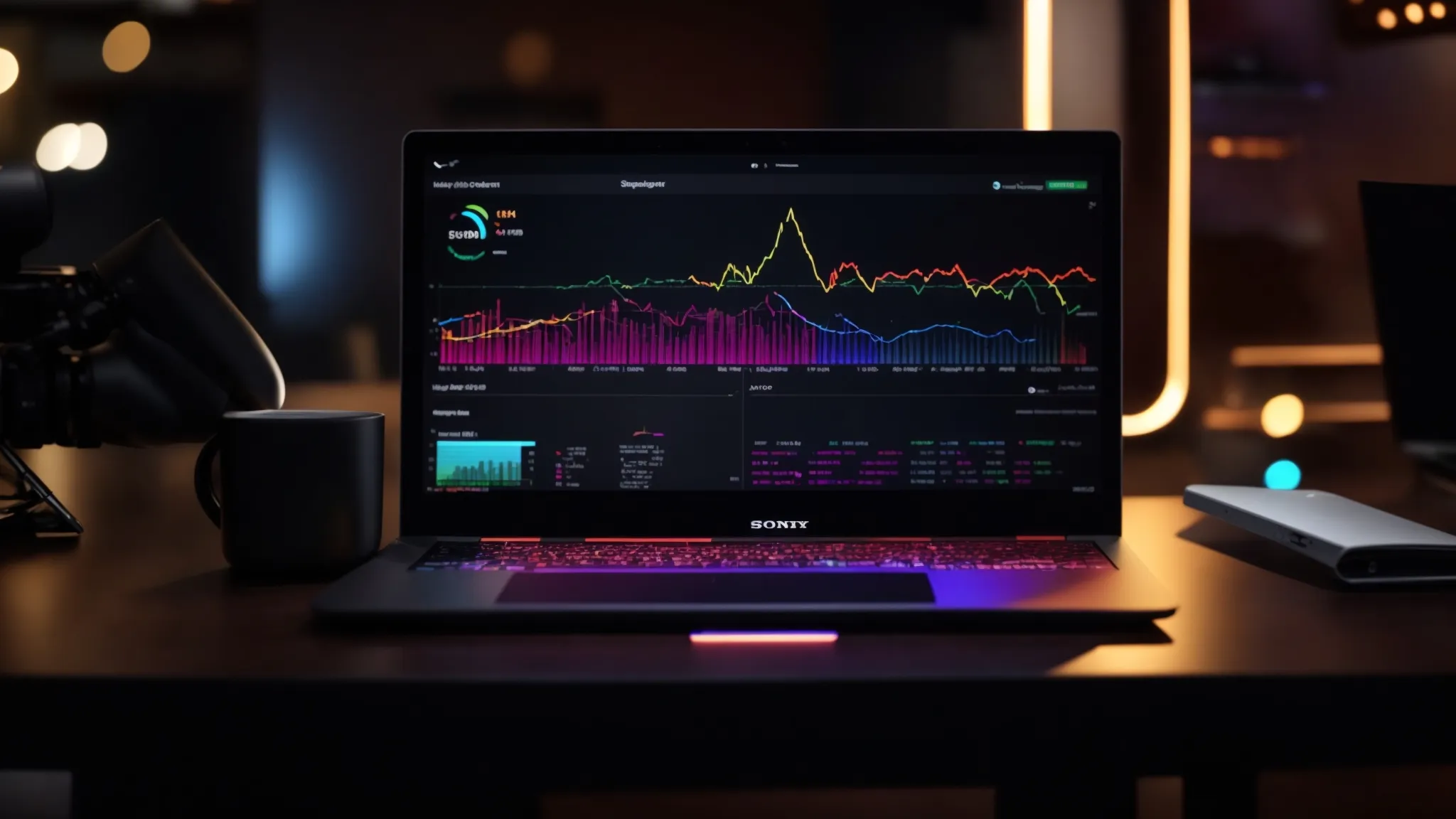 a dynamic and engaging workspace featuring a sleek laptop displaying colorful analytics graphs and charts, illuminated by soft ambient light, symbolizing effective seo performance tracking.