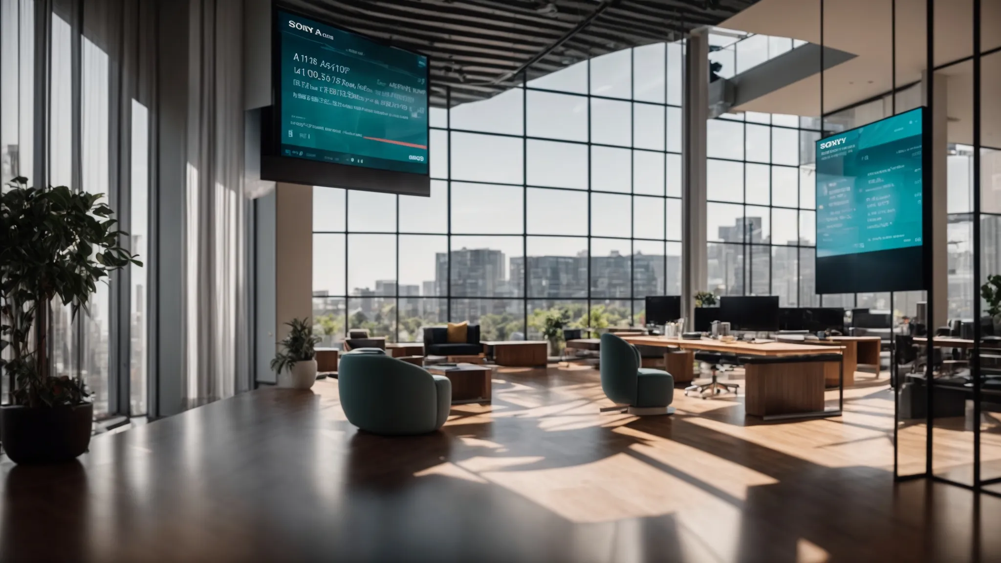 a modern real estate office filled with vibrant digital screens displaying voice search analytics, bathed in natural light streaming through large windows, symbolizes the future of seo in real estate.