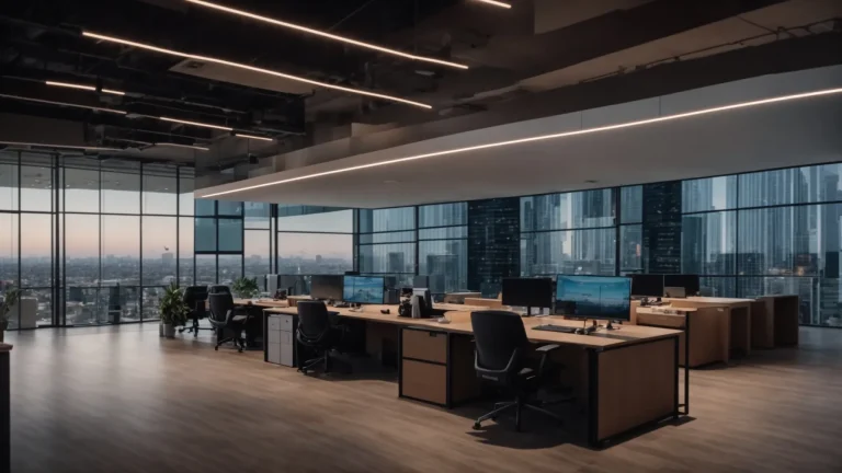 a radiant, modern office space filled with vibrant digital screens displaying dynamic property listings and eye-catching graphs illustrating the impact of schema markup on real estate sales.