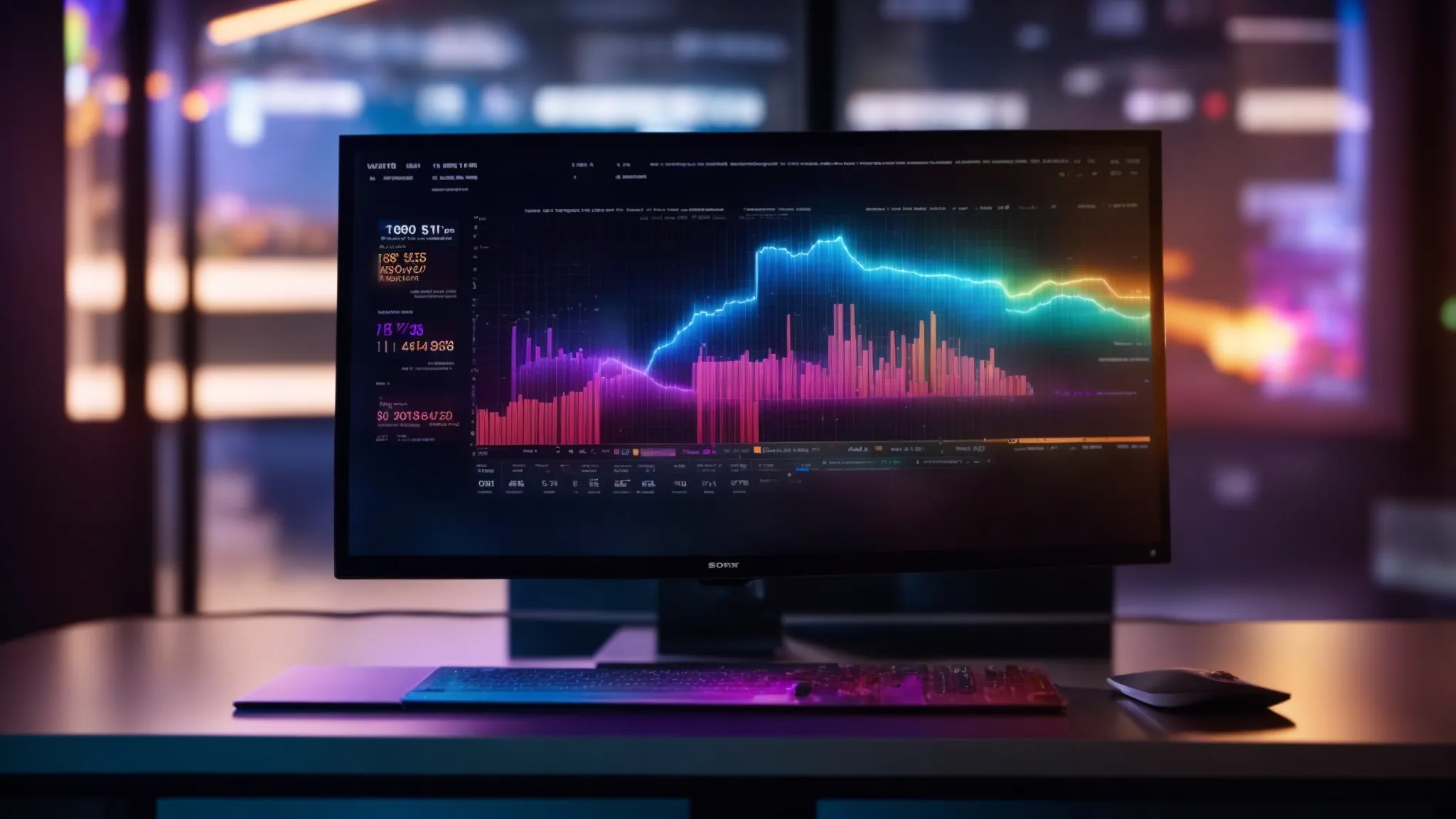 a sleek computer screen displaying a vibrant xml sitemap surrounded by glowing graphs and analytics, symbolizing enhanced search visibility and seo success under bright, focused lighting.