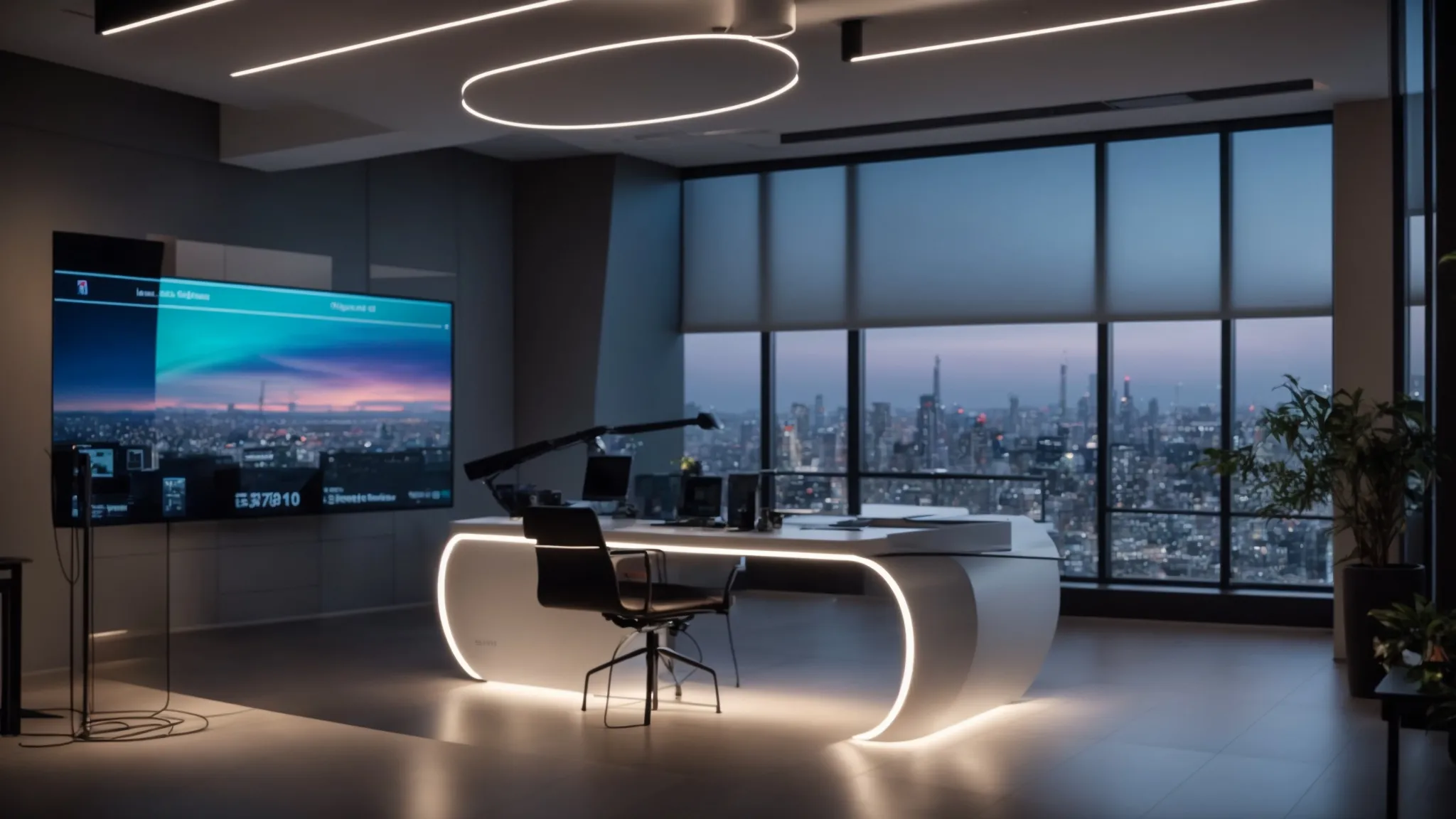 a sleek, modern real estate office filled with futuristic technology, showcasing a vibrant digital interface highlighting voice search features, illuminated by soft, ambient lighting.