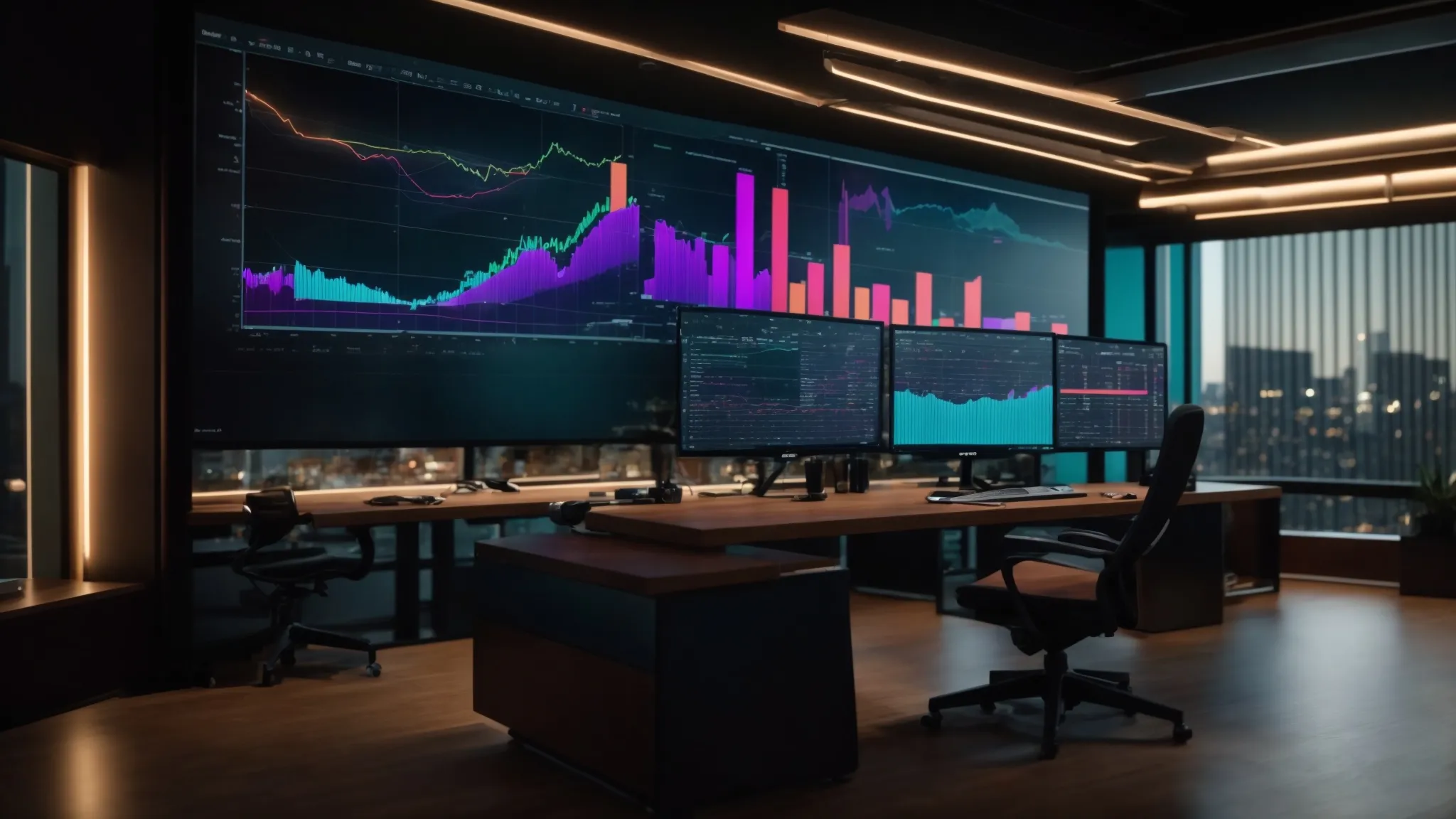 a sleek, modern workspace features a large screen displaying colorful charts and graphs, symbolizing the analysis of seo performance data with vibrant traffic sources and adjustments to maximize visibility.