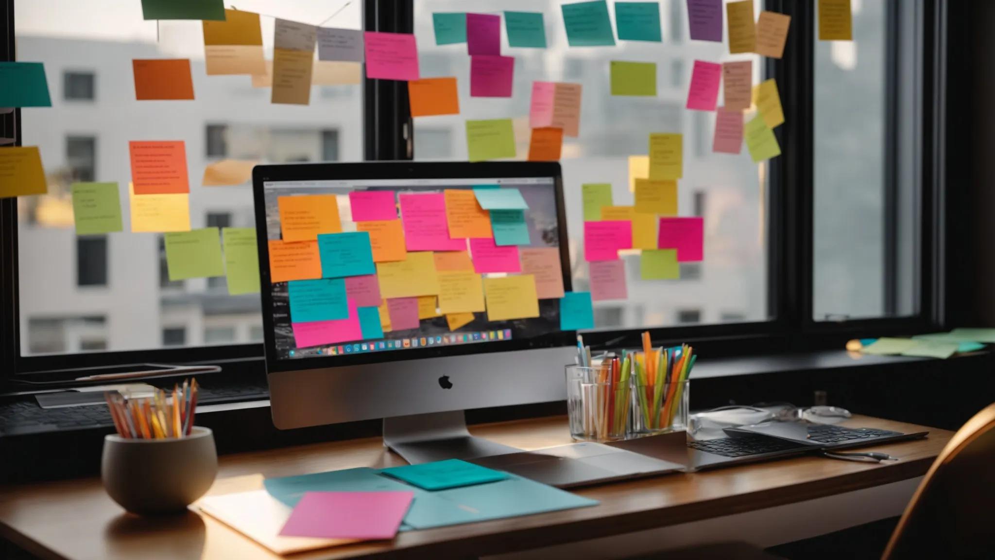 a vibrant, clutter-free workspace featuring a sleek laptop with a bright screen displaying an seo strategy, surrounded by open notepads and colorful sticky notes, illuminated by soft natural light filtering through a nearby window.