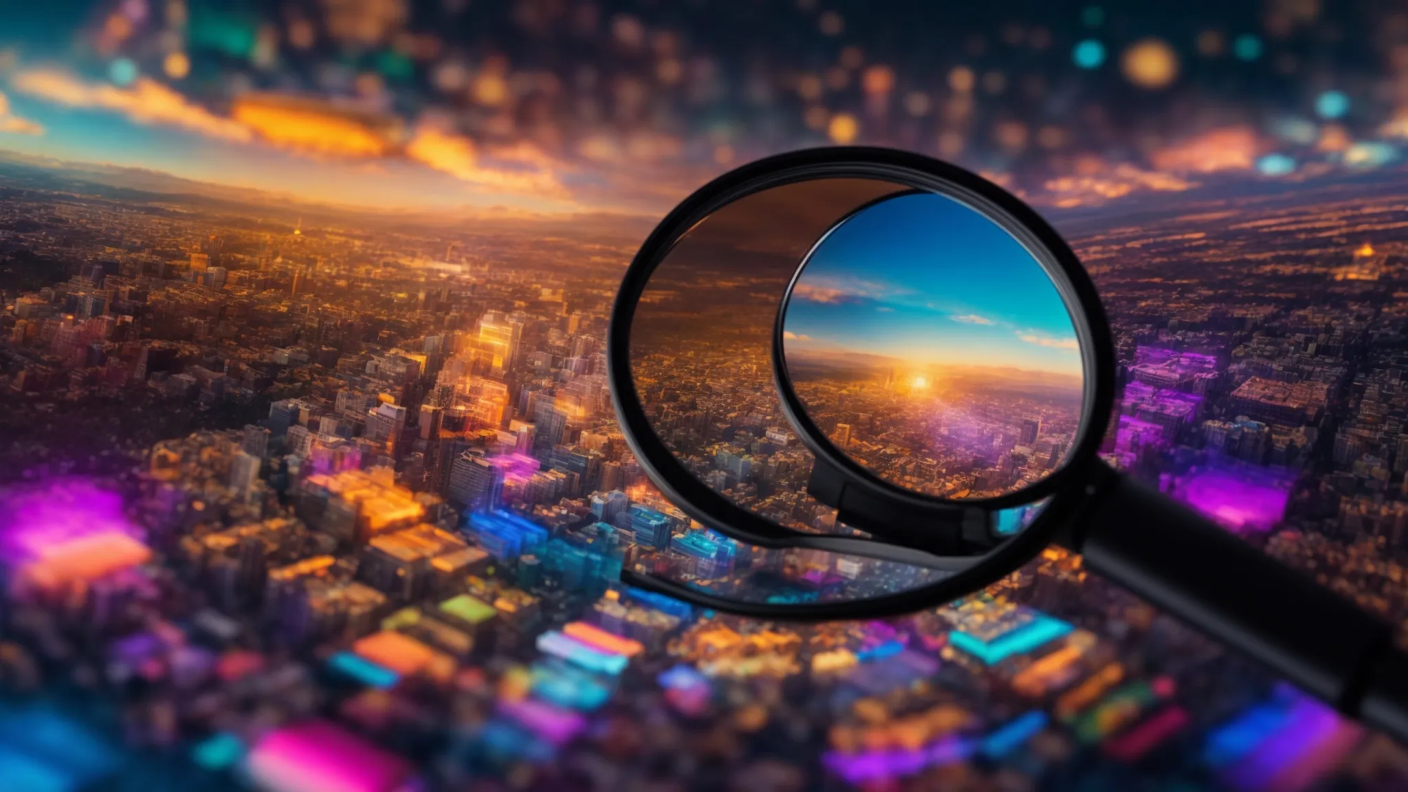 a vibrant digital landscape featuring a magnifying glass hovering over a kaleidoscope of interlinked images, symbolizing the transformative power of visual search optimization techniques in achieving success.