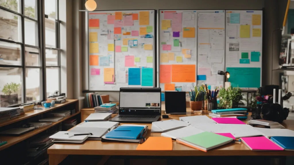 a vibrant, organized workspace filled with colorful notebooks, digital devices displaying intricate mind-maps, and a large illuminated whiteboard showcasing clusters of keywords, all bathed in warm, natural light to evoke a sense of creativity and focus.