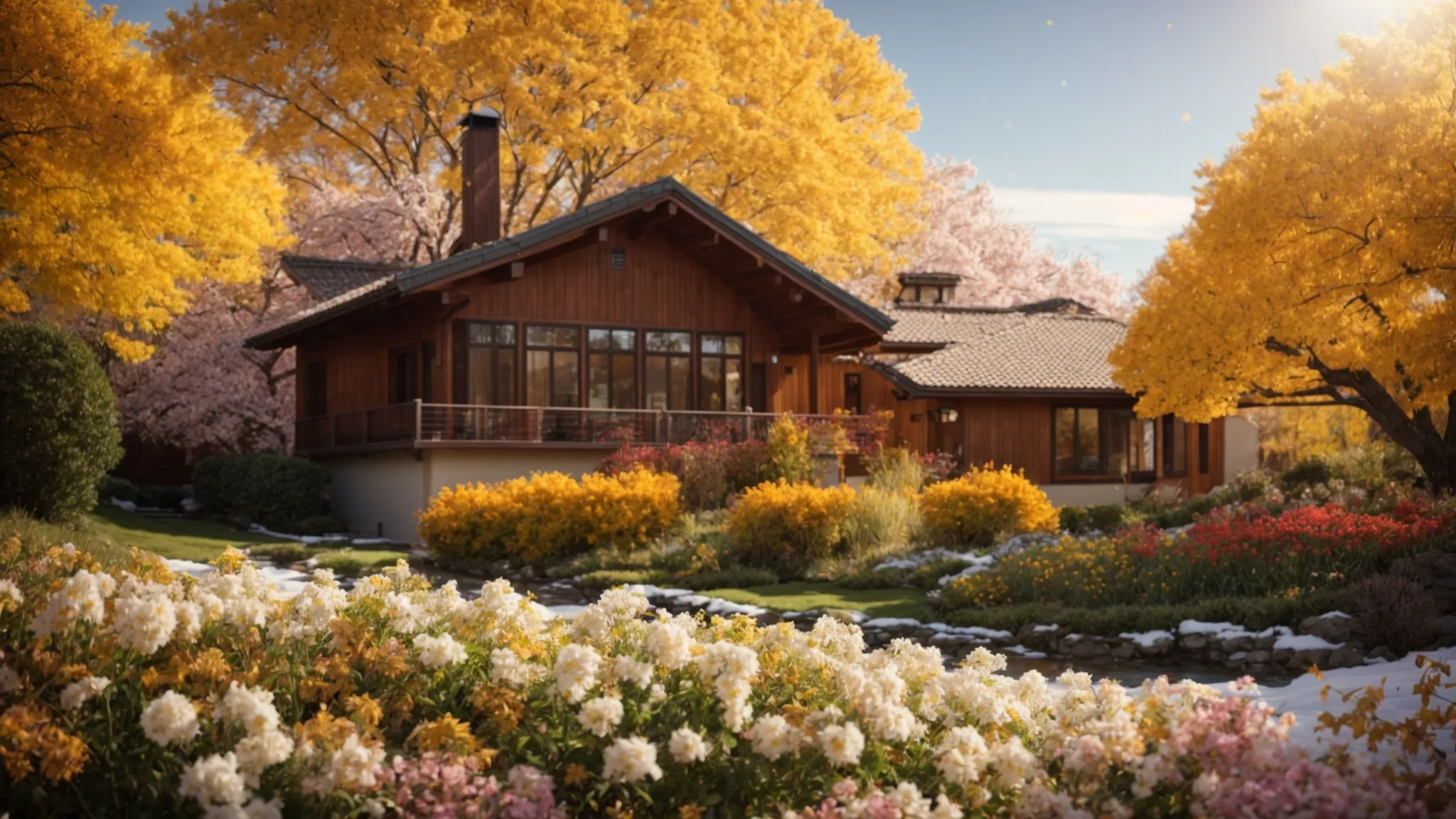 a vibrant seasonal landscape showcasing a picturesque home surrounded by blooming flowers in spring, golden leaves in autumn, and shimmering snow in winter, symbolizing the dynamic essence of real estate throughout the year.