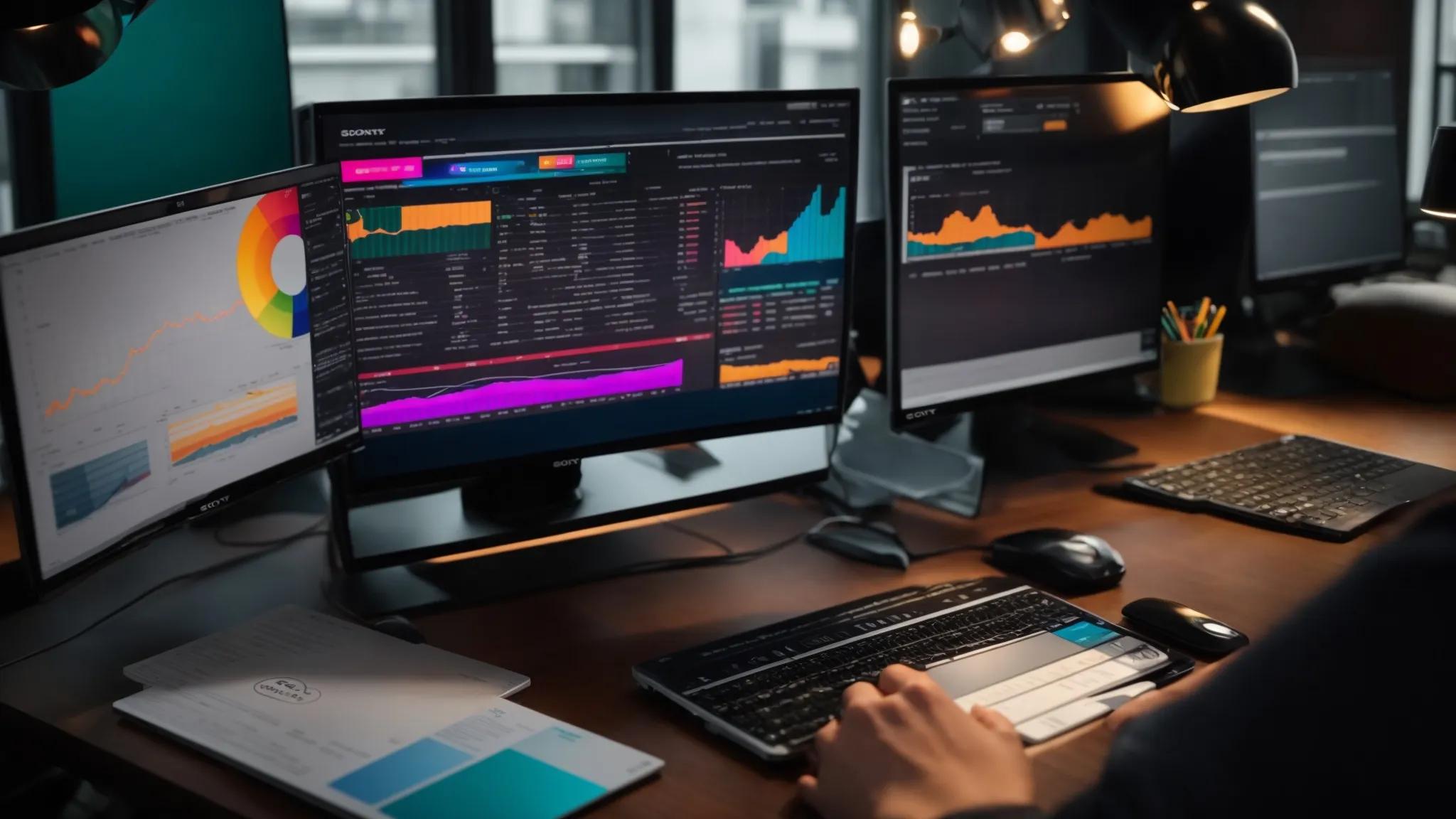 a vibrant workspace filled with colorful charts and graphs, symbolizing the mastery of seo strategies and the importance of balanced keyword integration.