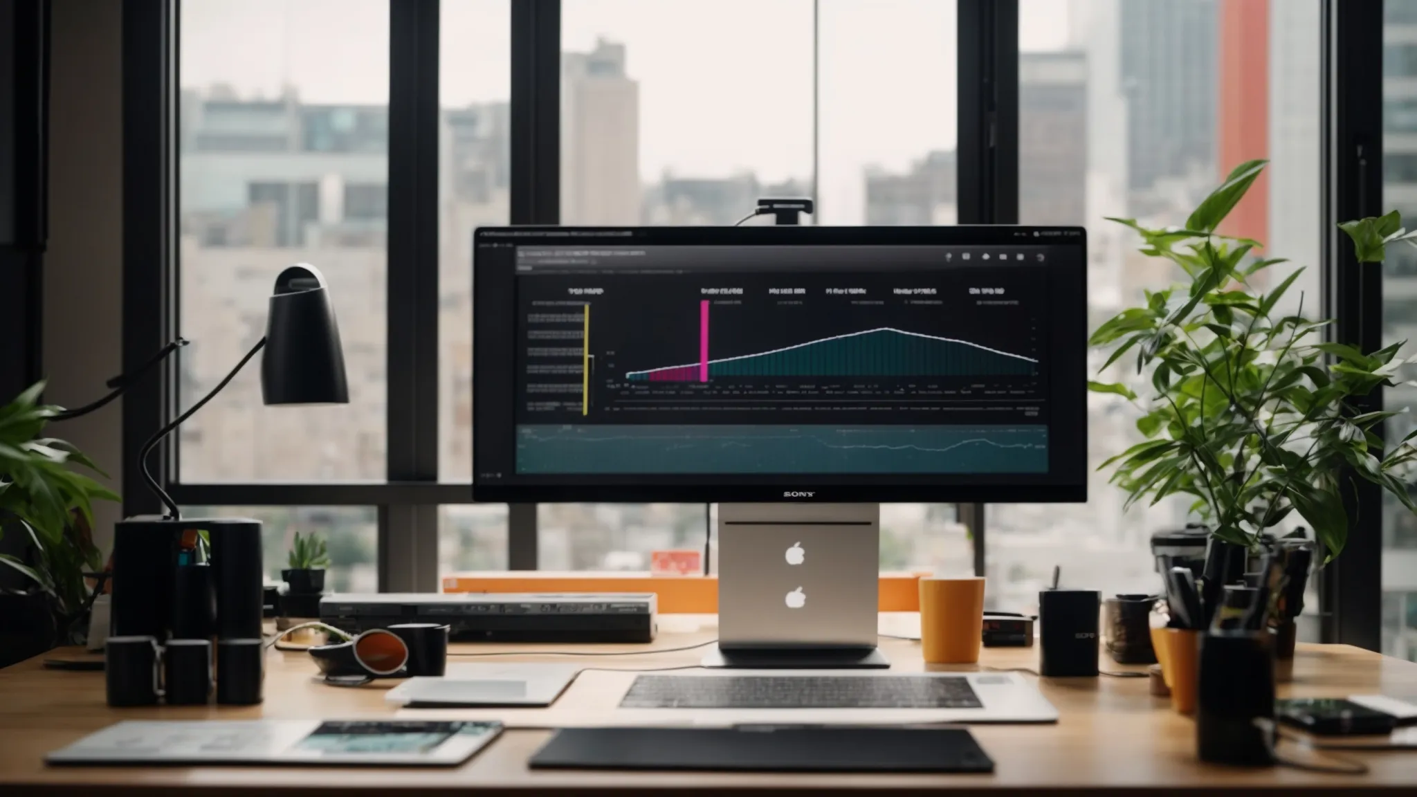 a visually captivating workspace filled with vibrant graphs and charts displays the concept of keyword gap analysis, illustrating the path to seo success through dynamic data visualization against a sleek, modern backdrop.