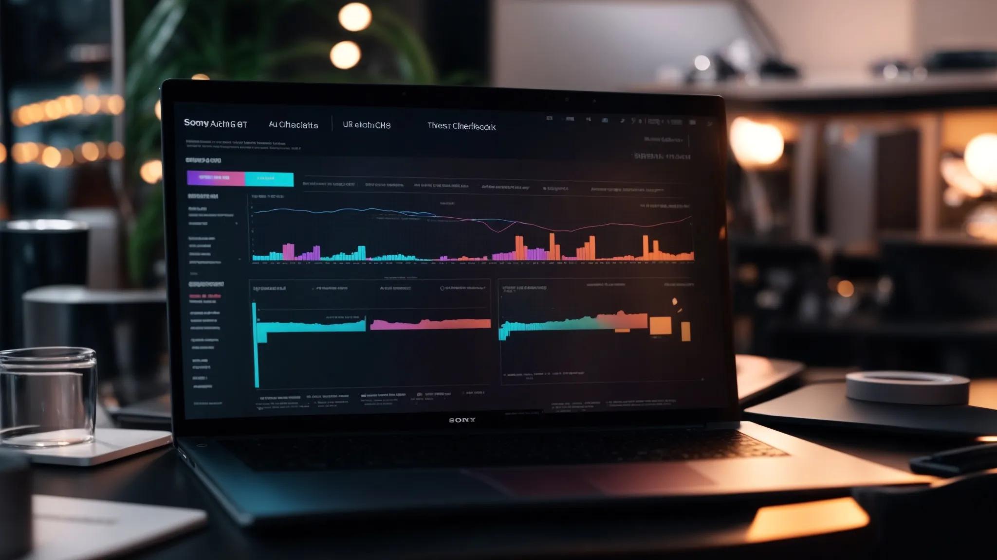 a visually striking scene of a digital workspace featuring an organized technical seo audit checklist displayed on a sleek laptop, surrounded by vibrant graphs and analytics dashboards, all under soft, focused lighting for an atmosphere of productivity and success.