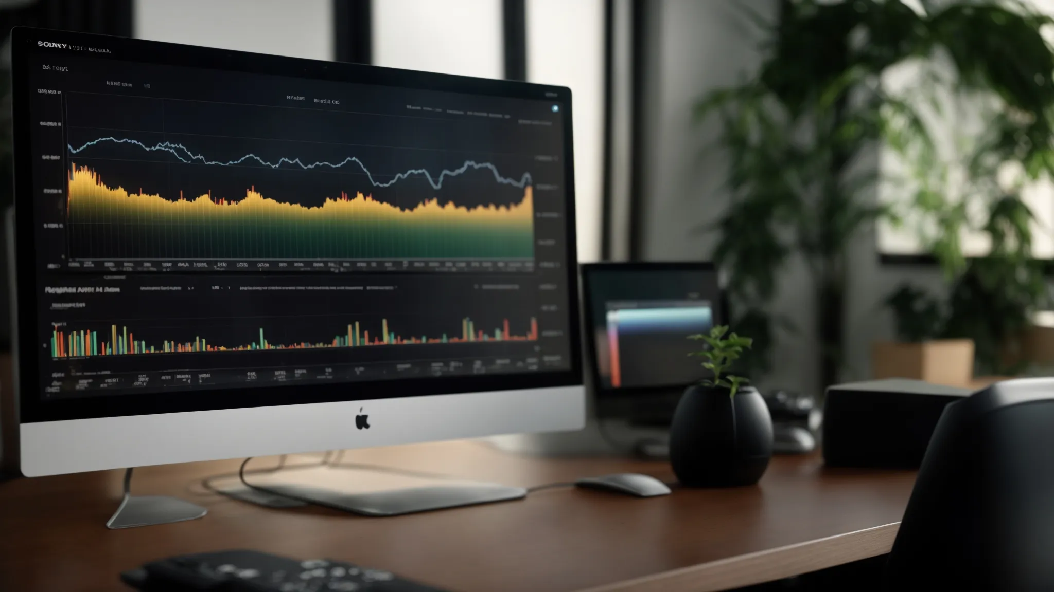 a vivid, modern workspace bathed in natural light showcases a sleek computer screen displaying intricate data graphs and visual search optimization techniques, representing the path to success in digital marketing.