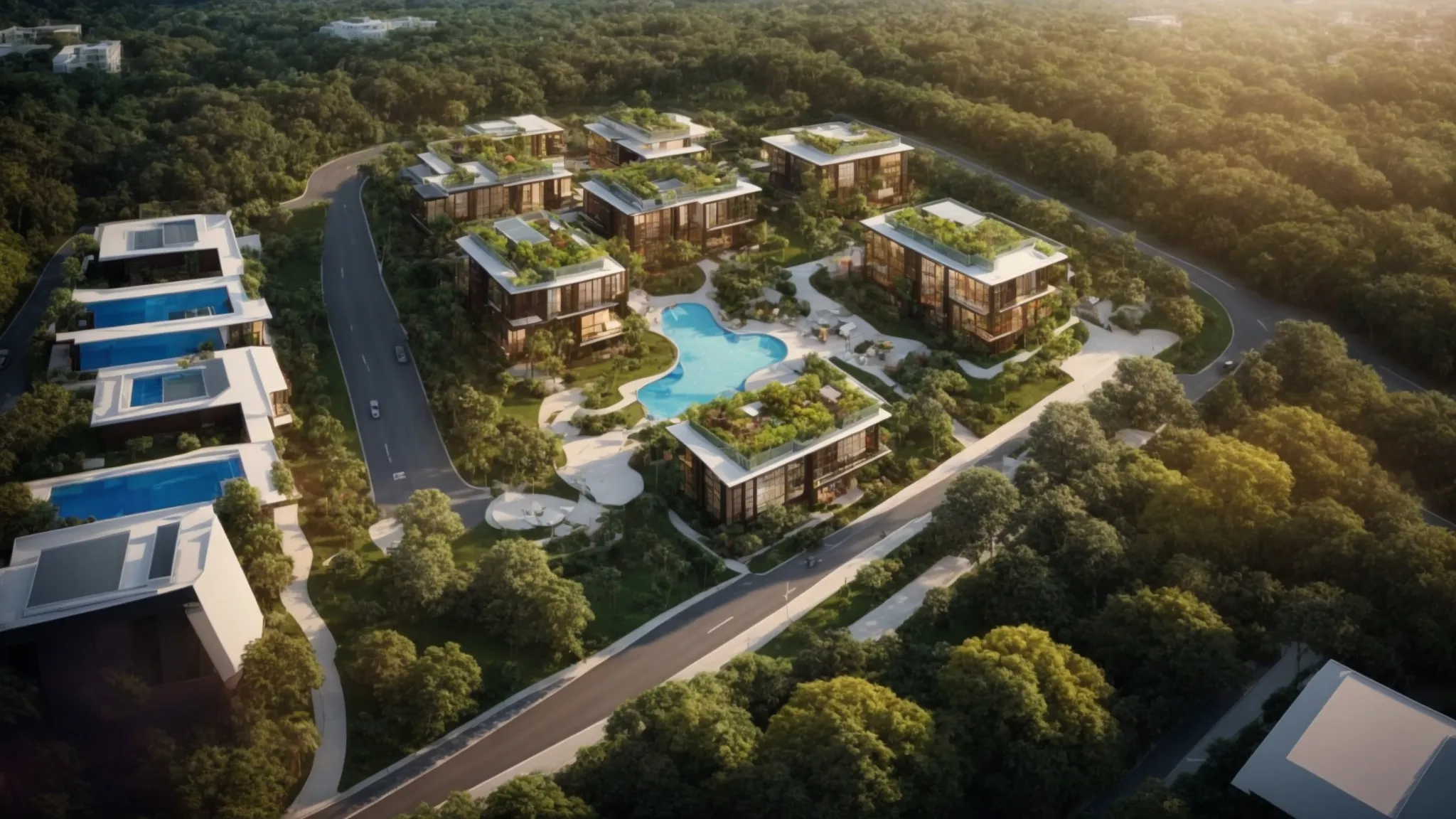 a captivating aerial view of a vibrant real estate development surrounded by lush greenery, showcasing strategic location pages marked by bright, eye-catching icons representing improved visibility through seo.