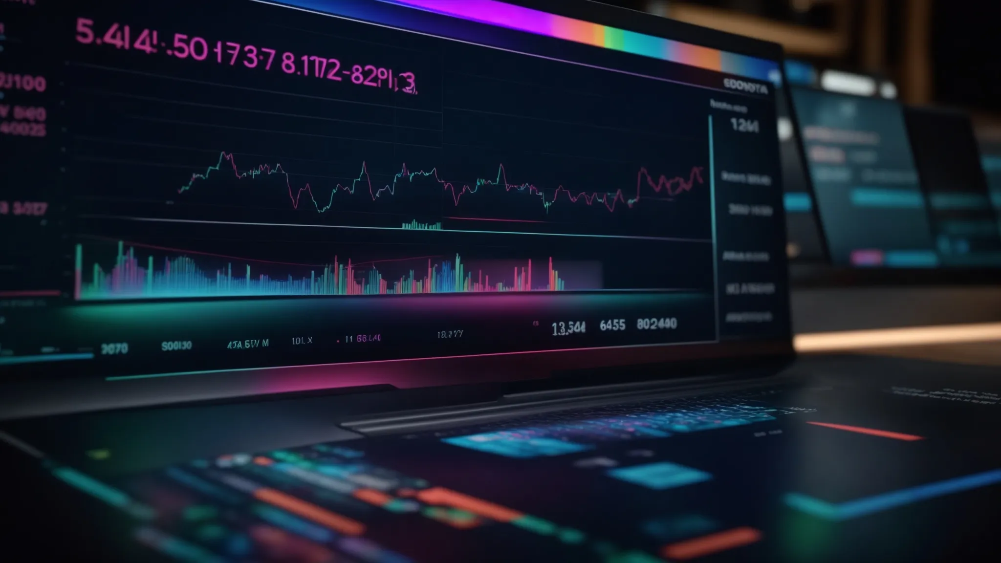 a captivating scene features a sleek, modern digital dashboard displaying vibrant graphs and metrics, symbolizing the effective measurement of seo roi with dynamic colors illuminating the room.