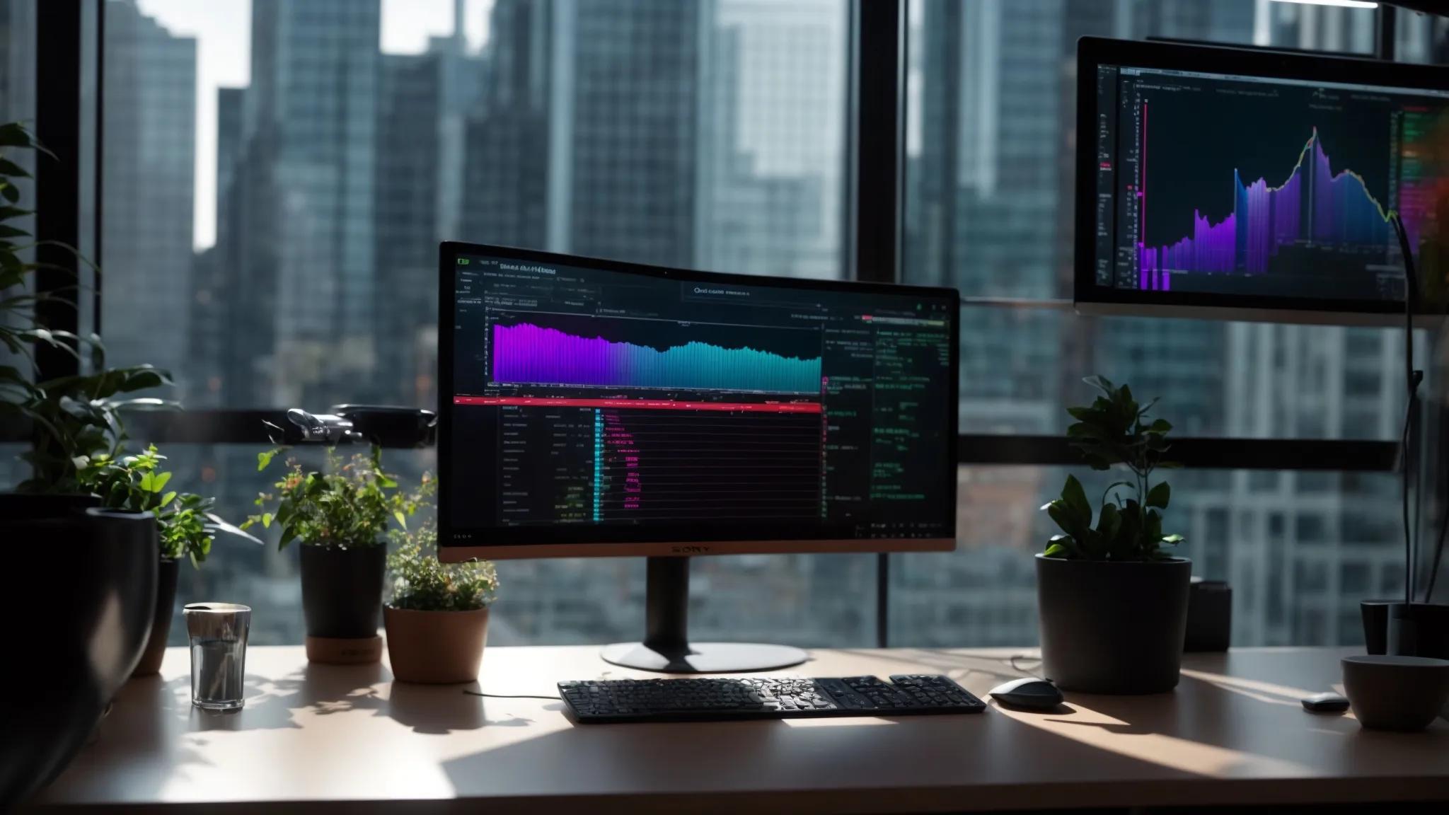 a sleek, modern workspace showcases a vibrant computer screen displaying dynamic graphs and analytics, symbolizing the mastery of core web vitals optimization to enhance online rankings.