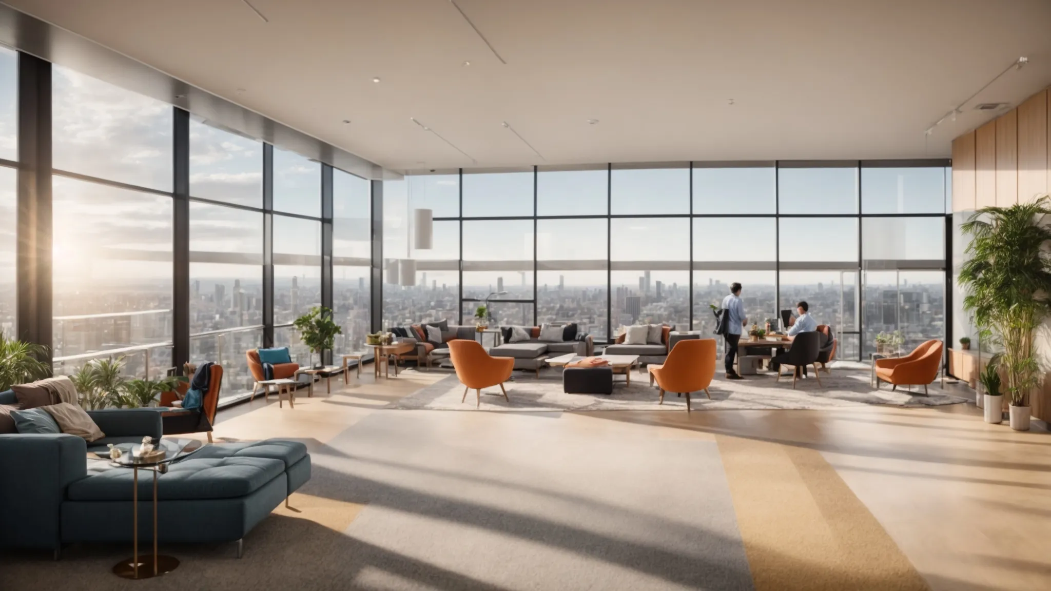 a vibrant, bustling real estate office filled with eager professionals engaged in dynamic discussions, surrounded by colorful property listings and panoramic cityscape views through large windows, illuminated by warm, natural light.