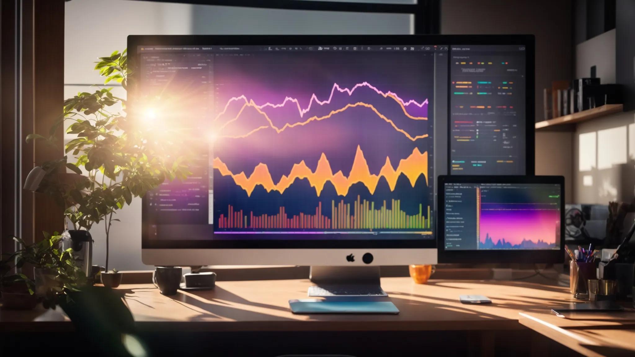 a vibrant digital workspace brimming with charts and graphs, illuminated by bright sunlight streaming through large windows, symbolizing mastery in core web vitals optimization for improved online rankings.