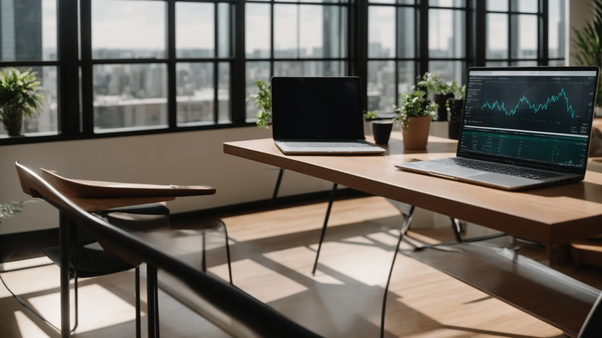 a vibrant, professional office space bathed in natural light, featuring an elegant desk with a laptop displaying dynamic graphs and charts that symbolize seo success for realtors.