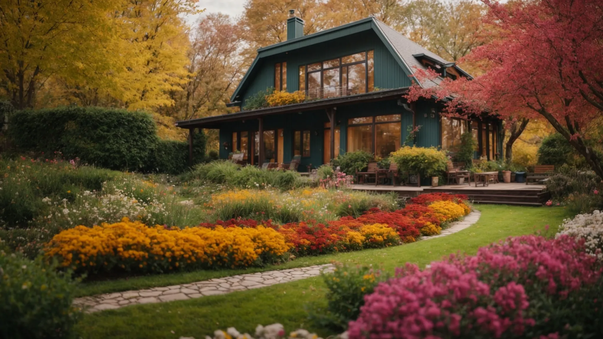 a vibrant seasonal landscape showcasing a charming house surrounded by blooming flowers in spring, lush greenery in summer, colorful leaves in autumn, and a cozy snow-dusted setting in winter, symbolizing the cyclical nature of real estate opportunities.