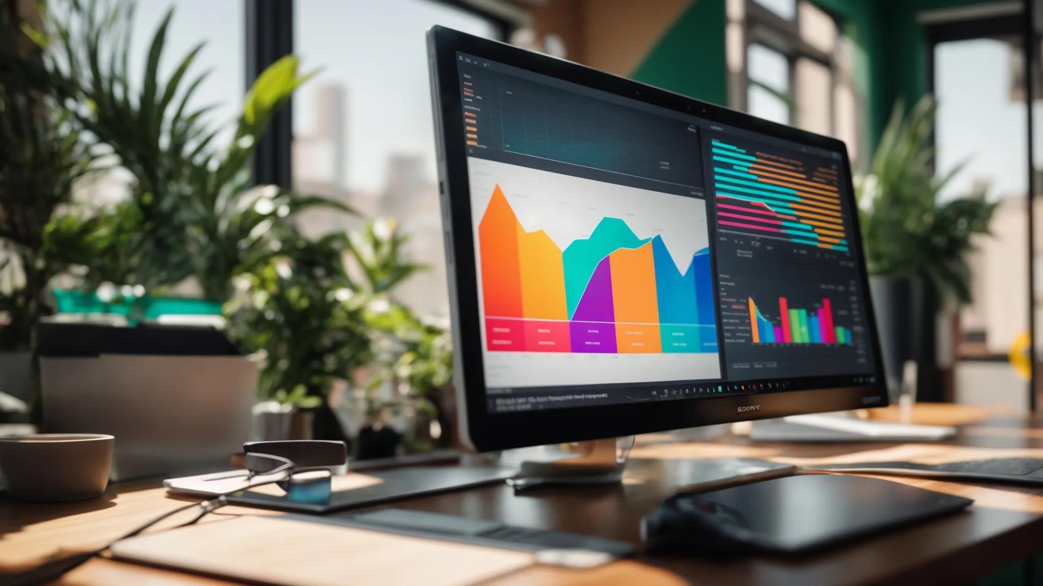 a vibrant, visually engaging workspace filled with colorful charts and graphs, highlighting the concept of keyword density in seo, illuminated by soft natural light streaming through a large window.