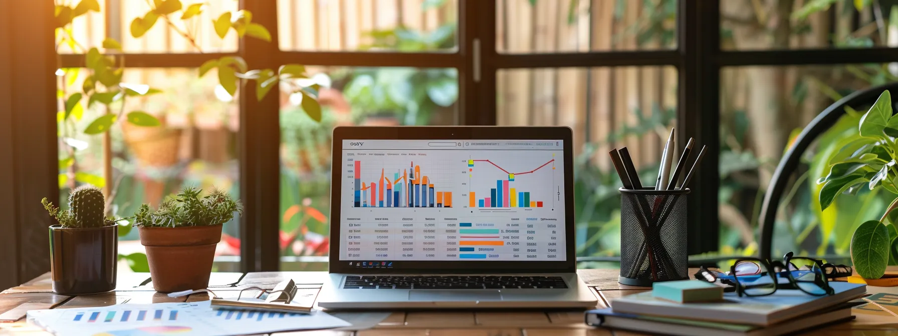 a captivating workspace features an elegant laptop surrounded by vibrant market analysis charts and seo strategy notes, illuminated by warm natural light, symbolizing the fusion of buyer and seller insights.