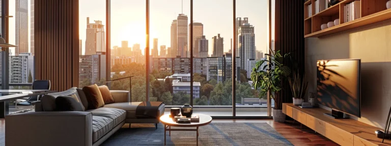 a sleek, modern realtor website interface displayed on a high-resolution screen, surrounded by a stylish workspace filled with vibrant house listings and a calming backdrop of urban architecture.