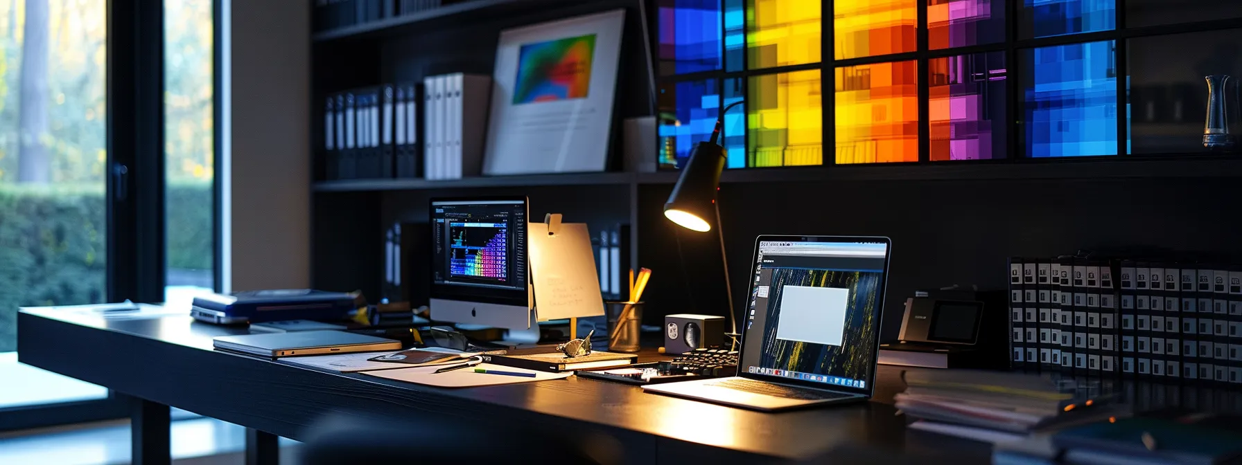 a sleek, modern workspace is illuminated by natural light, showcasing a stylish desktop adorned with colorful design samples and an elegant laptop screen displaying an innovative website, emphasizing the importance of crafting a memorable domain name for a real estate brand.