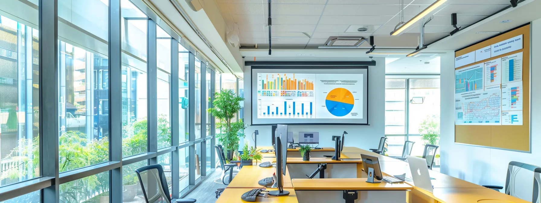 a vibrant real estate office bustling with activity, featuring an inviting workspace filled with colorful charts and digital screens displaying seo analytics, illuminated by natural light pouring through large windows.