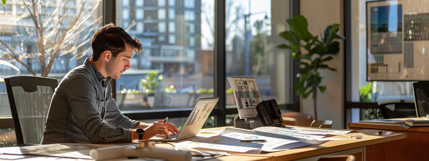 a confident real estate investor reviews detailed market analysis charts and property blueprints in a modern office, illuminated by ambient lighting that emphasizes strategic planning and decision-making in investment strategies.