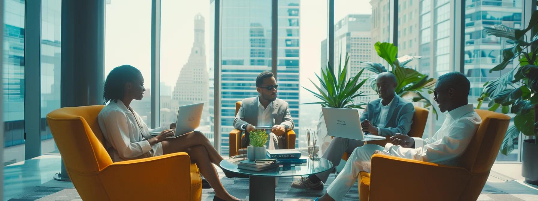 a diverse group of novice investors collaboratively analyzing a digital investment platform on sleek laptops in a modern office space, highlighting the strategic pooling of resources and shared decision-making in real estate ventures.