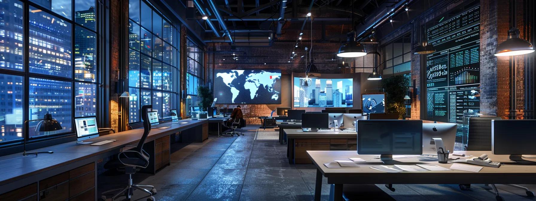 a dynamic urban office environment showcases a smartly designed workspace where real estate professionals analyze market data on sleek monitors, creating strategic plans for profitable house renovations and flips.