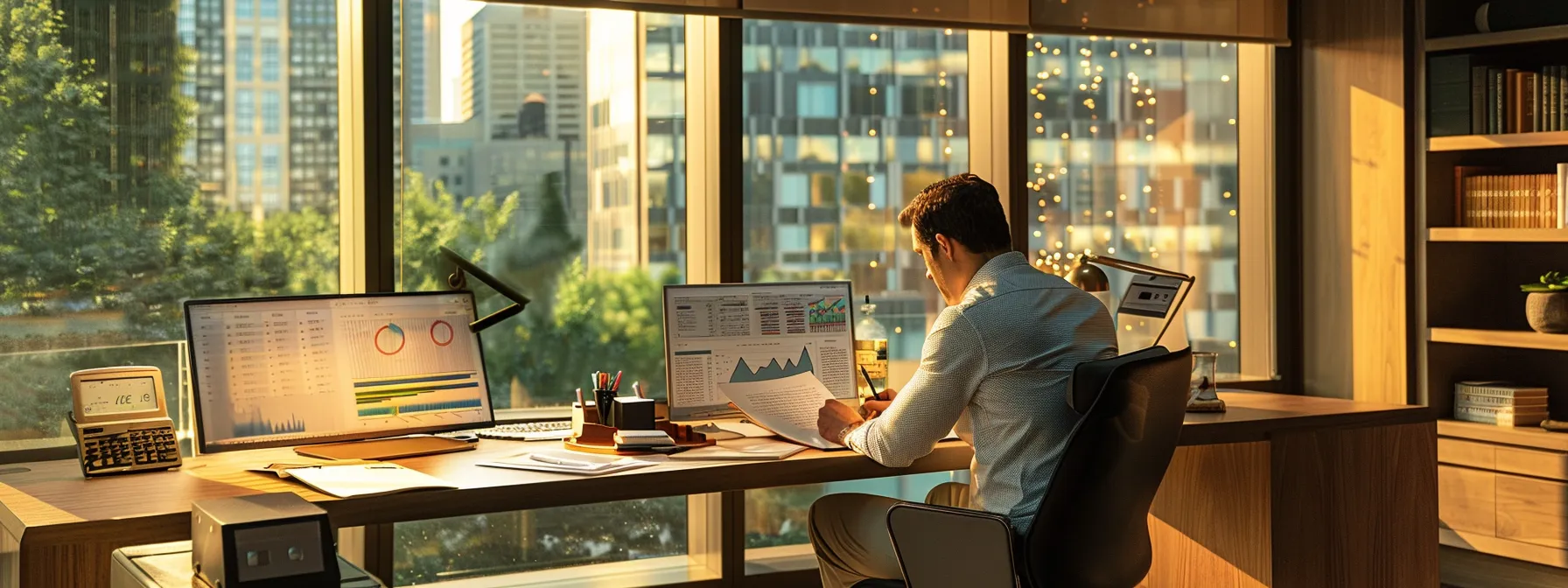 a focused real estate professional sits at a sleek urban office desk, surrounded by vibrant charts and marketing materials, as they craft personalized outreach letters to motivated sellers under the soft glow of modern task lighting.