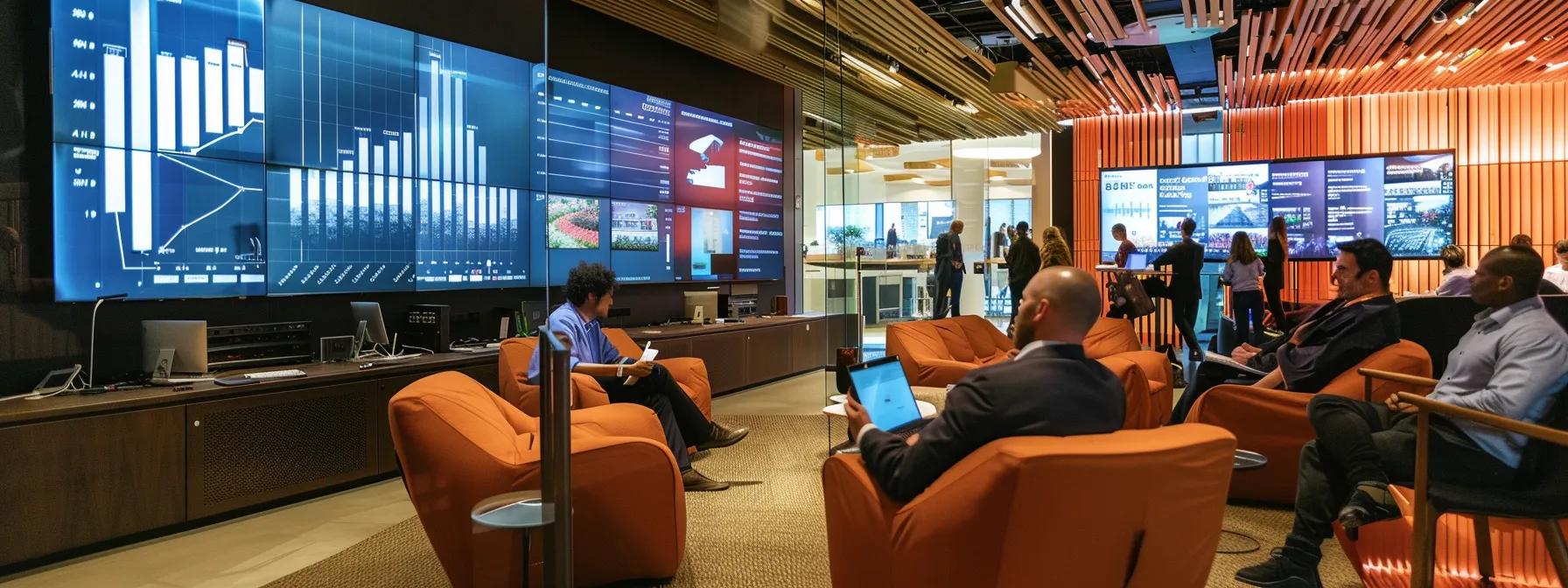 a modern and sleek office environment showcases a diverse group of novice investors engaged in an animated discussion around rental property investment strategies, with digital graphs on large screens highlighting the benefits of passive income and equity growth.