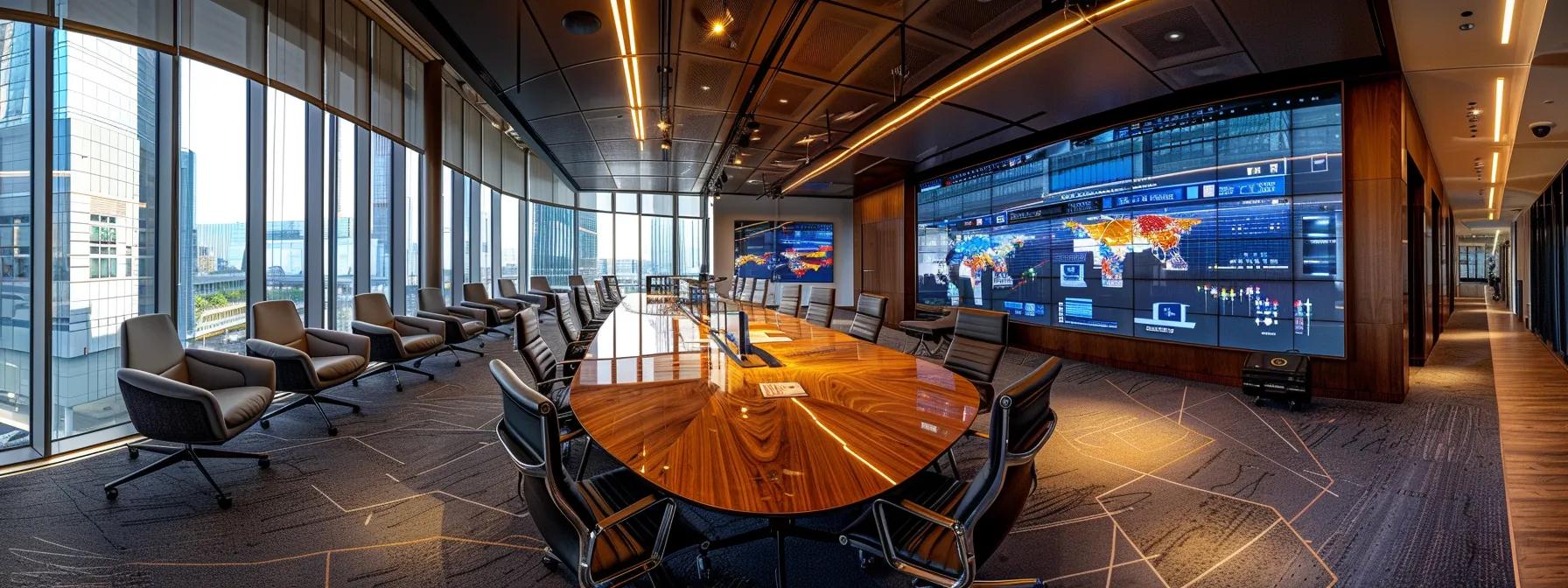 a modern office space features a sleek conference table surrounded by professional individuals engaged in a dynamic discussion, with a large screen displaying a detailed chart of investment structures and legal frameworks.