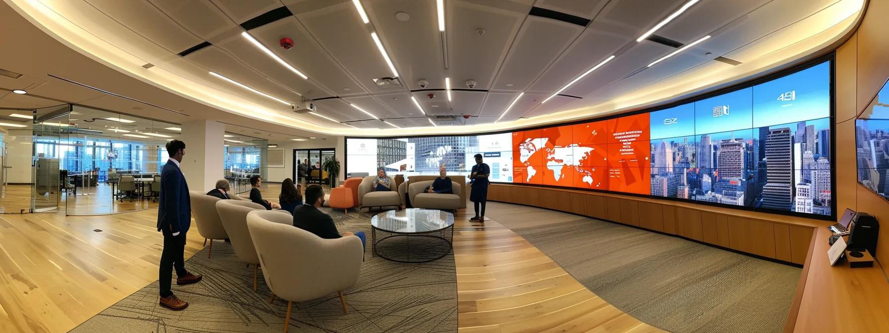a sleek, modern office environment showcases a focused team engaging in real estate strategy discussions, surrounded by digital displays of property deals, market analytics, and integrated crm dashboards, emphasizing the precision and dynamism of acquisition and expansion tactics.