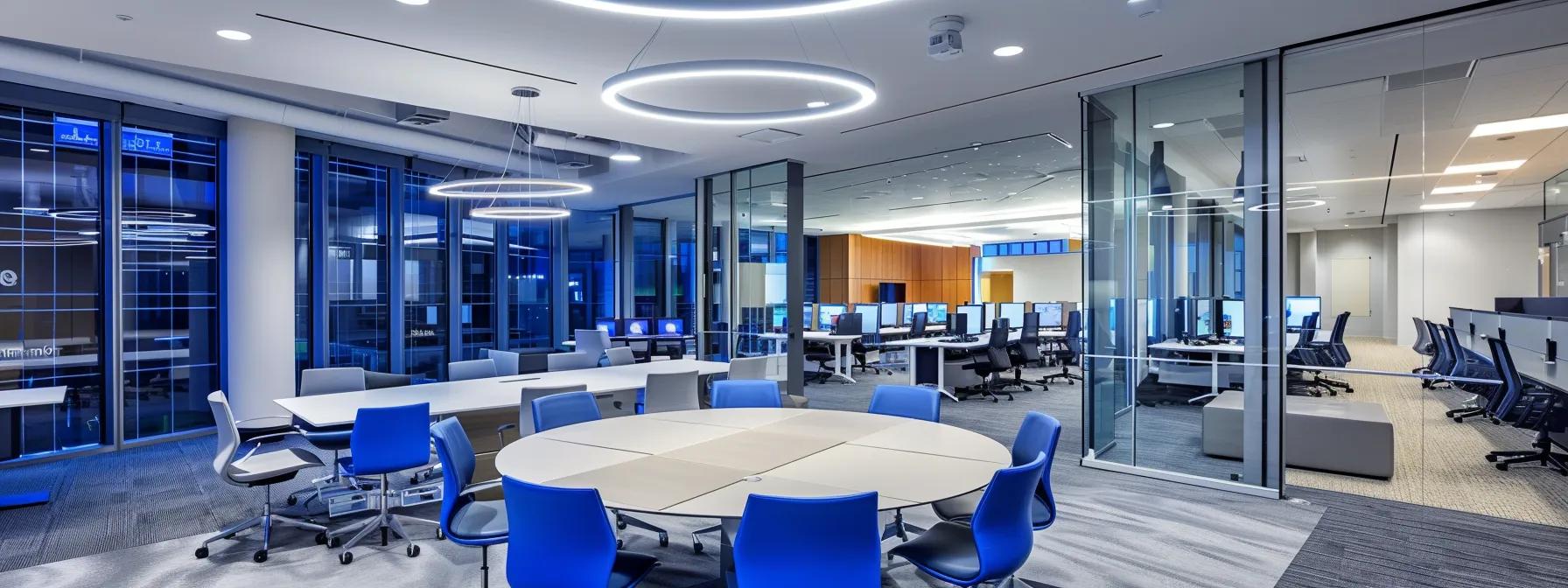 a sleek, modern office space showcases an engaged team collaborating over a large table filled with financial documents and laptops, emphasizing diverse financing options for real estate investments.