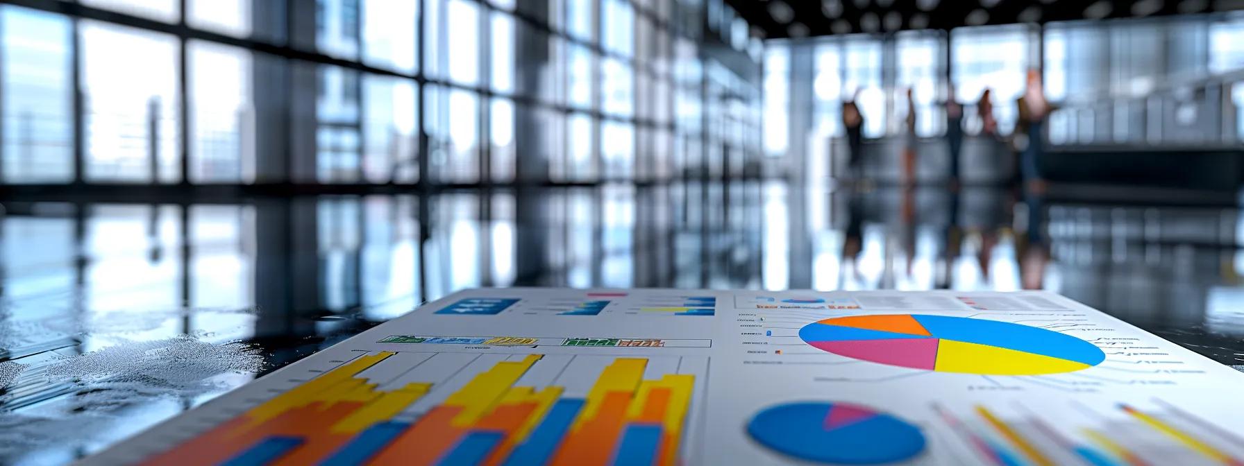 a sleek, modern office workspace showcases a presentation board filled with vibrant charts and graphs, illustrating key elements of a comprehensive business plan and market research, as a focused team gathers around a polished table, analyzing data and exchanging strategic insights.