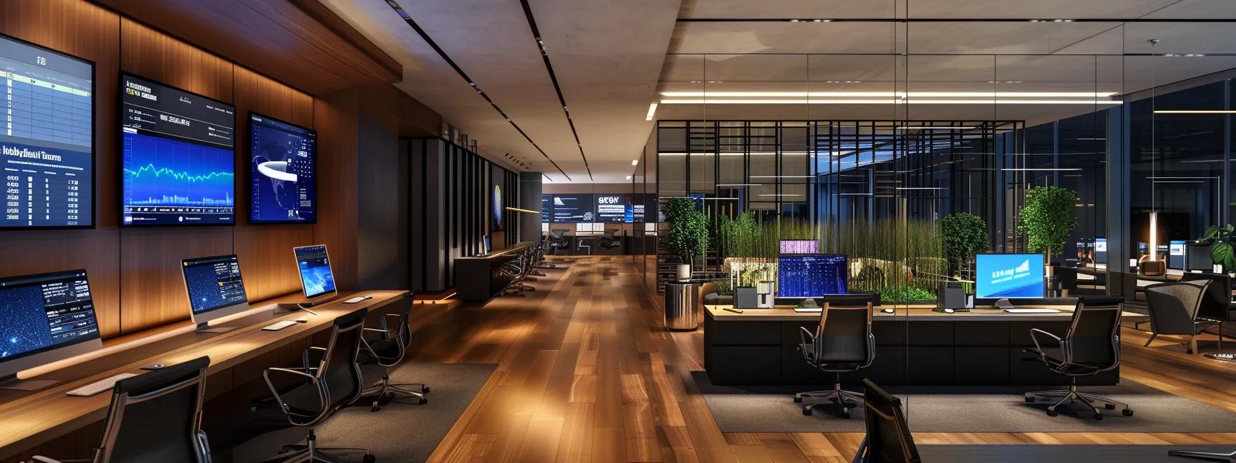 a sleek, modern office workspace showcases multiple digital screens displaying vibrant data visualizations of property investment analytics, with an air of technological sophistication and efficiency underscoring the simplicity of online real estate transactions.