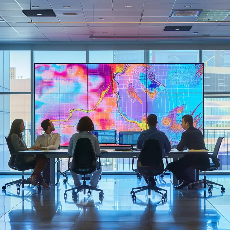 a sleek office conference room features a large digital screen displaying vibrant data visualizations, highlighting the significance of arv in real estate, surrounded by focused professionals engaged in discussion.