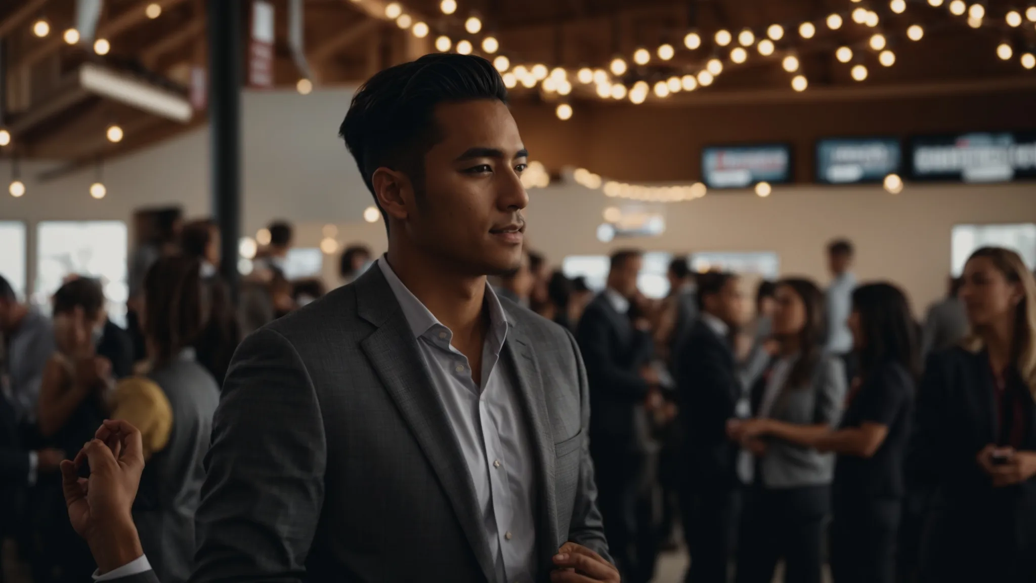 a local business owner networking with other businesses at a community event, with local directories and news outlets in the background. a local business owner networking with other businesses at a community event, with local directories and news outlets in the background.